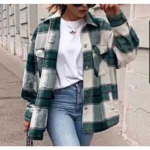 Avec Les Filles Green and White Plaid Utility Shacket